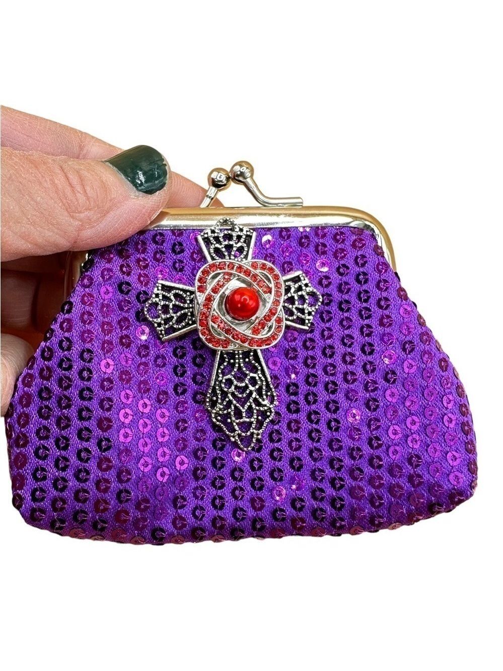 Purple Sequin Snap Jewelry Change Purse with Silver Cross & 18mm Red Pearl Snap!